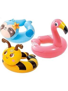 Kids Animal Pool Float Ring Set 3 Pack Duck Penguin Flamingo Toddler Swim Toy